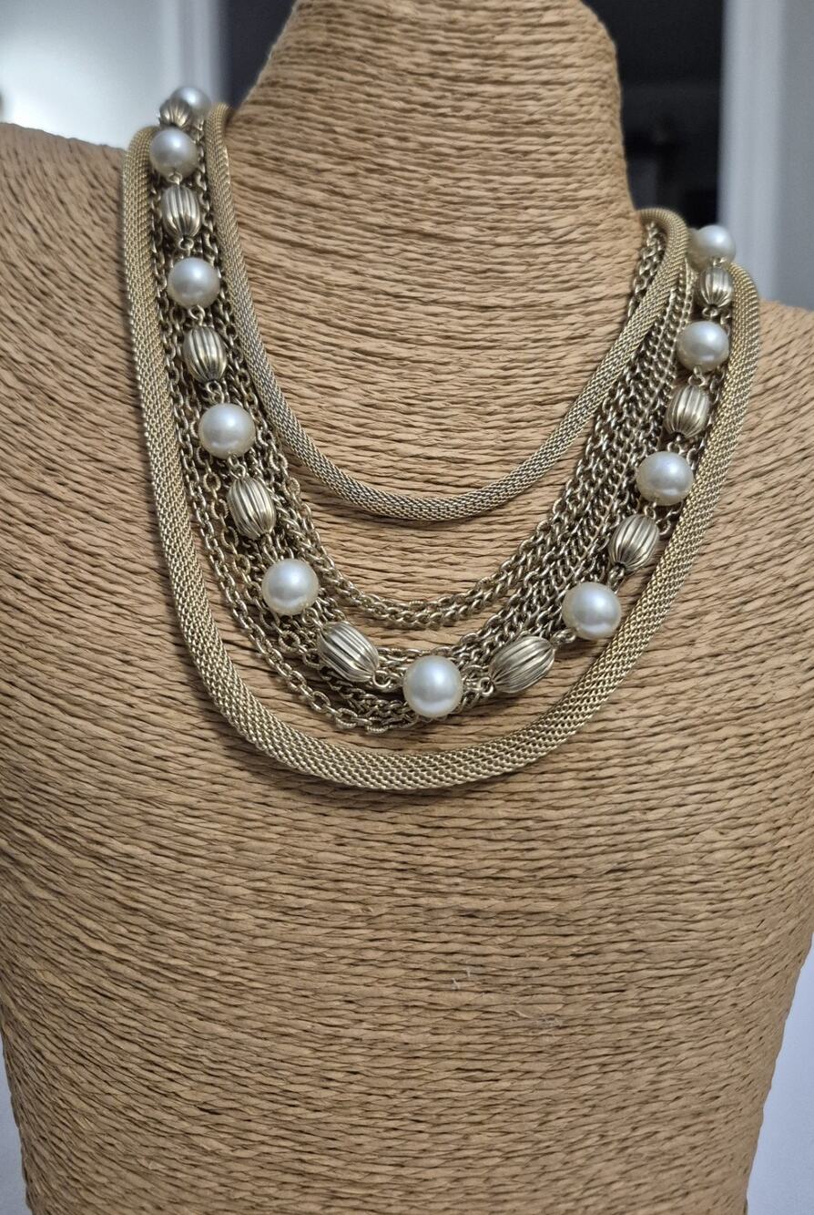 Gold Tone Multi Strand Faux Pearl Layered Statement Necklace